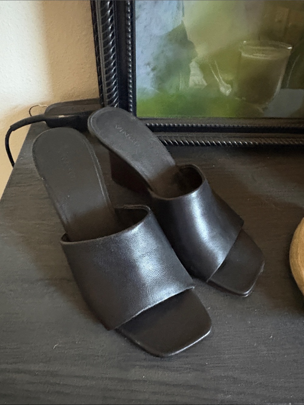 Vince Black Leather Open-Toe Slide Mules
